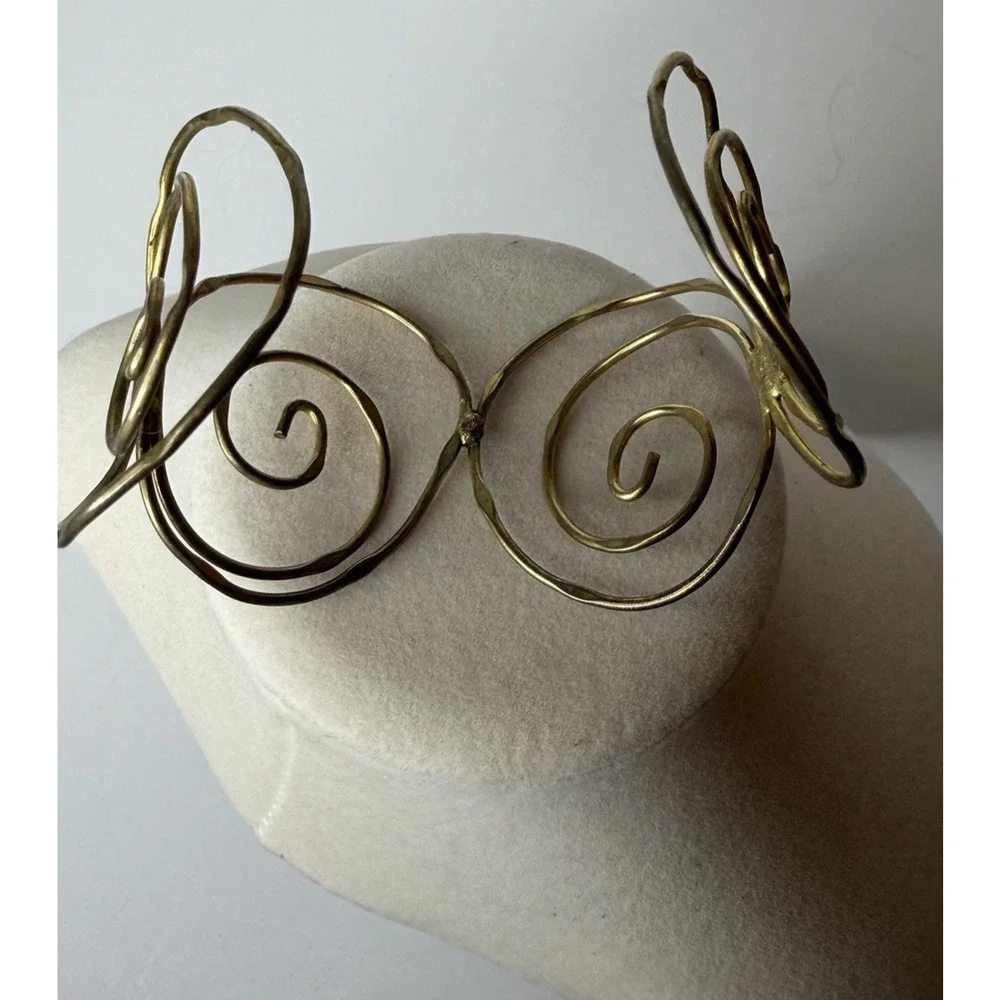 Handcrafted Brass Cuff Bracelet Artisan Abstract Wire Wrapped Scroll Minimalist